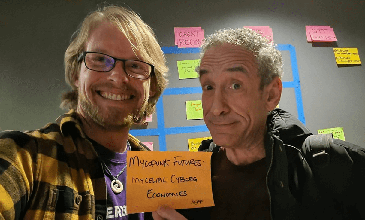 BlockScience researcher Jeff Emmett with Douglas Rushkoff ‌ ‌at a recent CyborgCamp “unconference” in New York