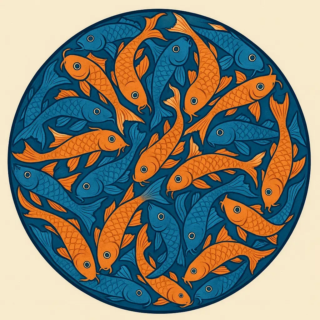 ChatGPT Tesselation of blue and orange KOI in the style of M.C. Escher’s Circle Limit III, the tesselation worked, but fails to capture the mathematical intricacies of Escher's hyperbolic design See: "A 'Circle Limit III' Calculation",