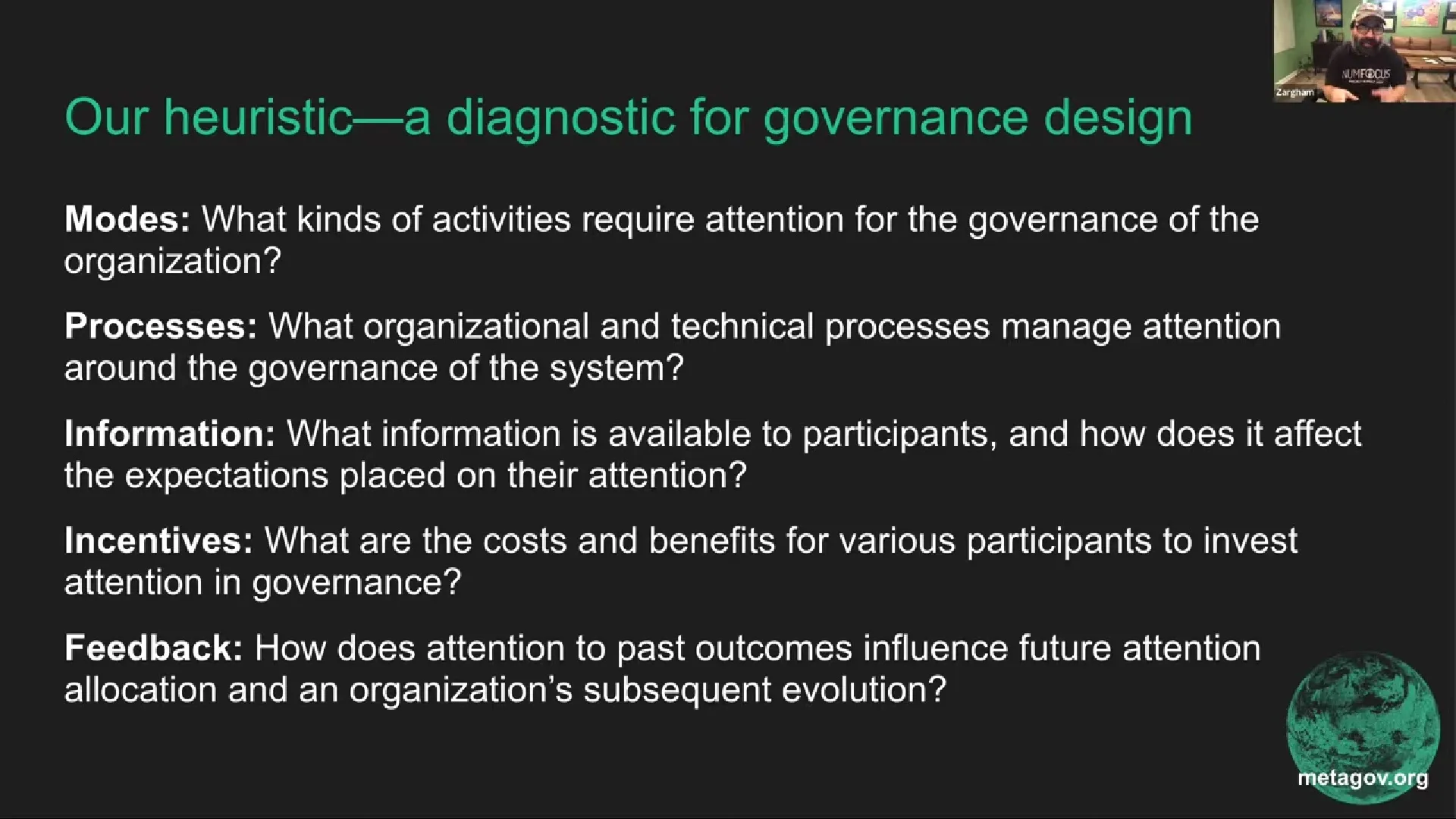 Governance Surfaces Attention Economy_Zargham_Slide 12 Five Heuristics -Diagnostic Questions for Governance Design